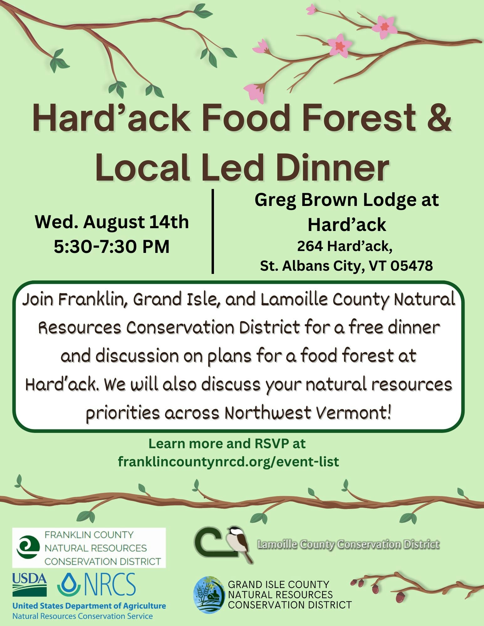 A poster for Hard'ack Food Forest & Local Led Dinner event, on August 14th, with details on venue and RSVP.
