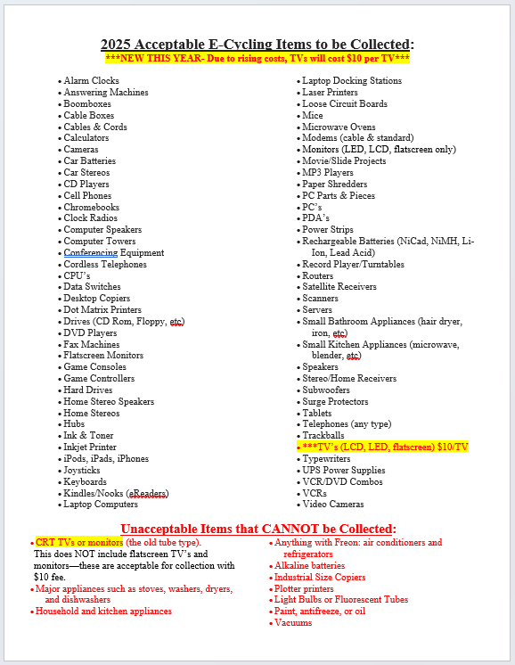List of acceptable and unacceptable items for 2025 e-cycling, noting TVs cost $10 each.