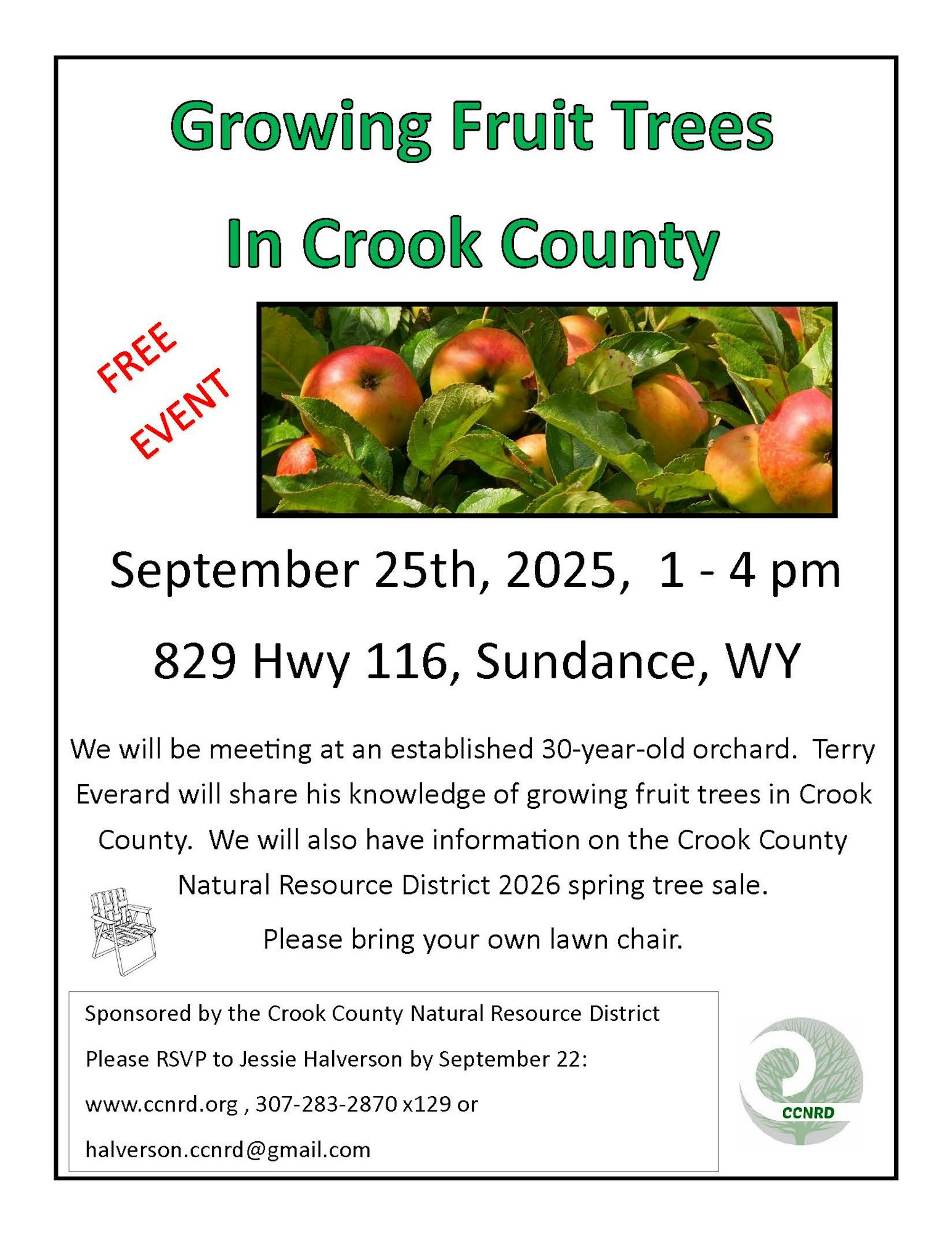 Free event on growing fruit trees in Crook County on September 25th, 2025, at an orchard in Sundance, WY. RSVP by September 22.