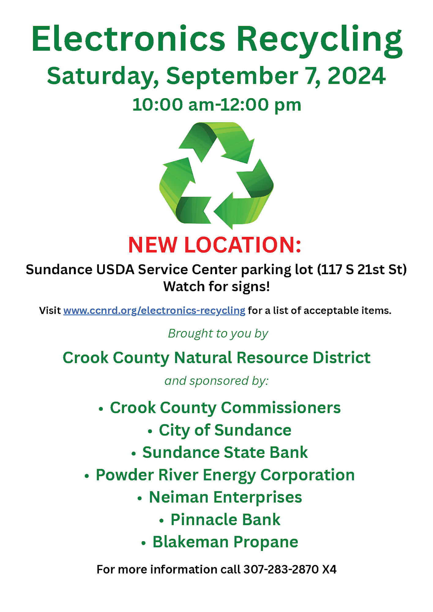An Electronics Recycling event flyer for September 7, 2024, held at a new location in Sundance with sponsors listed.
