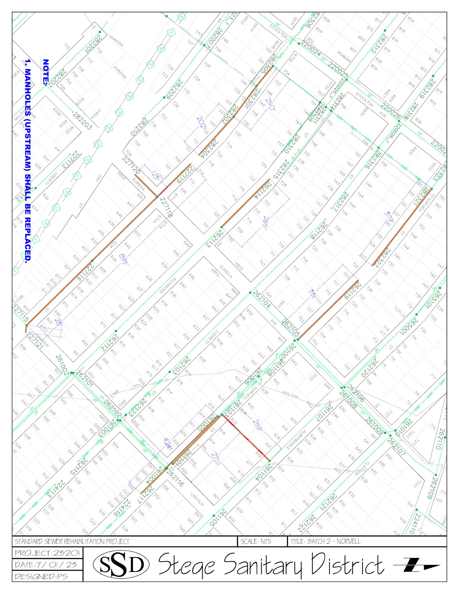 A detailed engineering drawing of a sewer rehabilitation project for Stege Sanitary District.