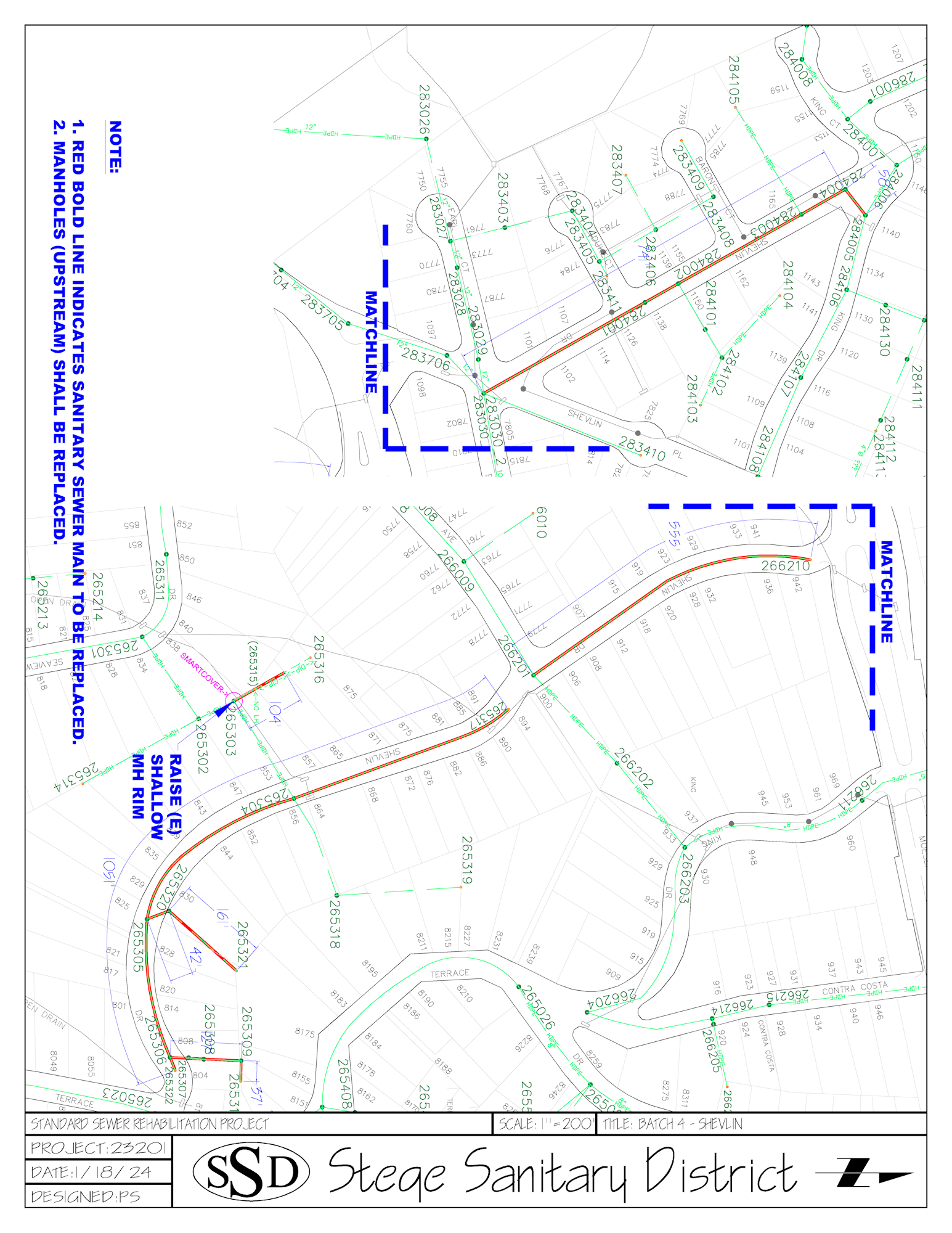 A technical sewer rehabilitation project map showing underground pipelines and infrastructure annotations.