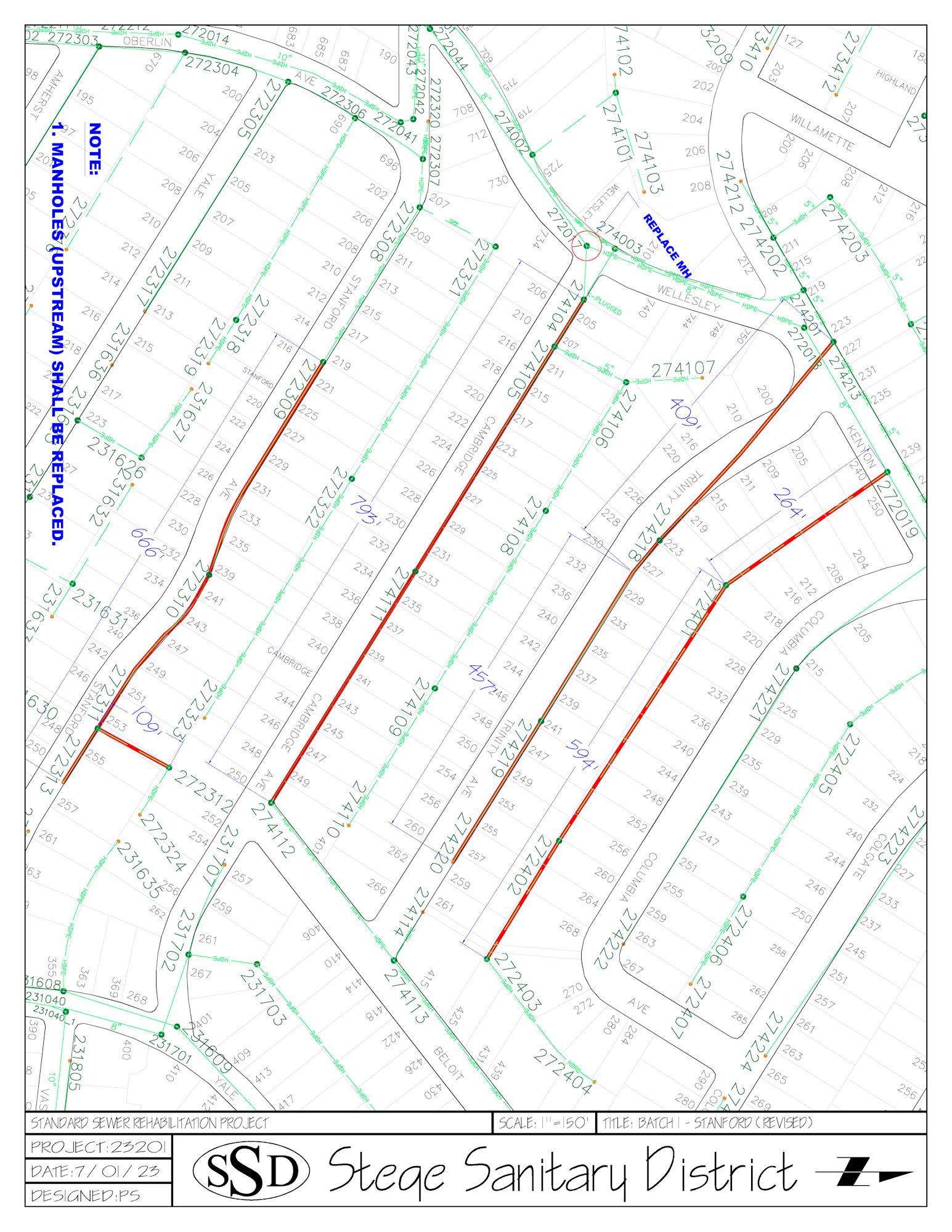 This is a detailed sewer rehabilitation project map with annotations and street names.