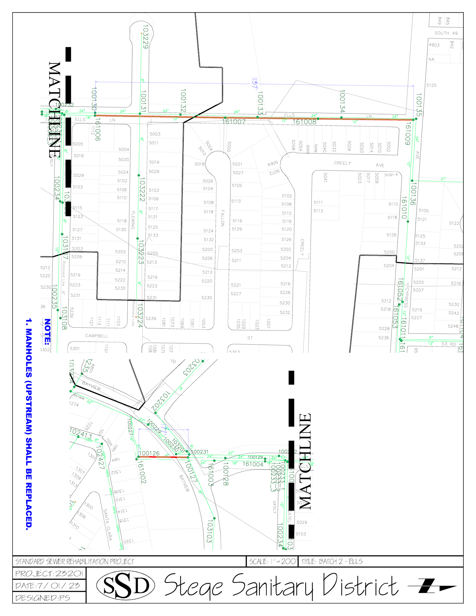 The image shows a detailed engineering schematic of a sewer rehabilitation project for a sanitary district.