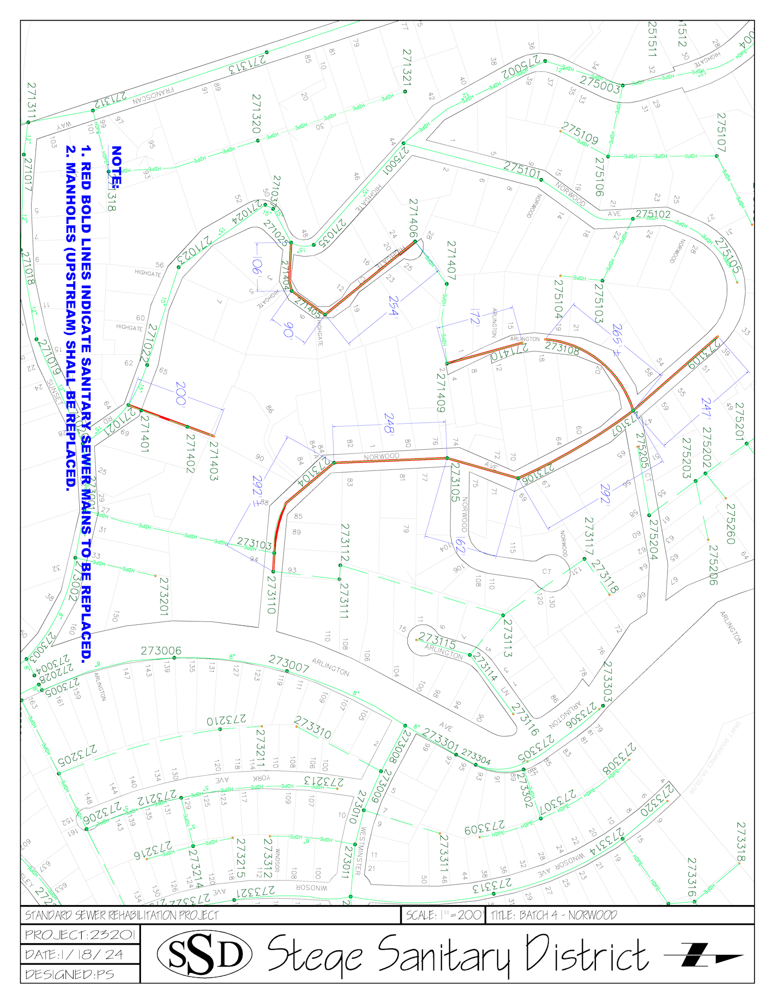 A detailed map of a sanitary sewer project with annotations and measurements.