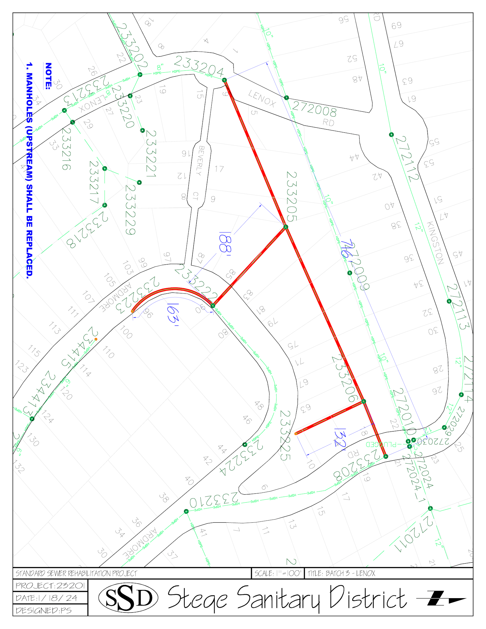 A technical sewer rehabilitation project map with annotations, lines, and labels.