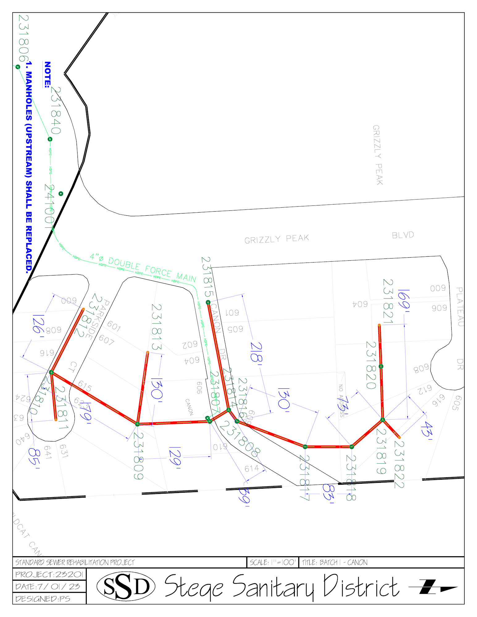 Sewer rehabilitation project map with annotations and measurements.