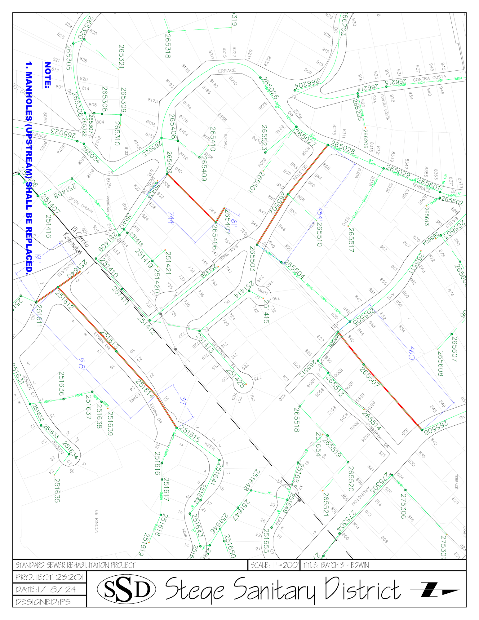 A sanitary sewer system map, with annotations and project details.