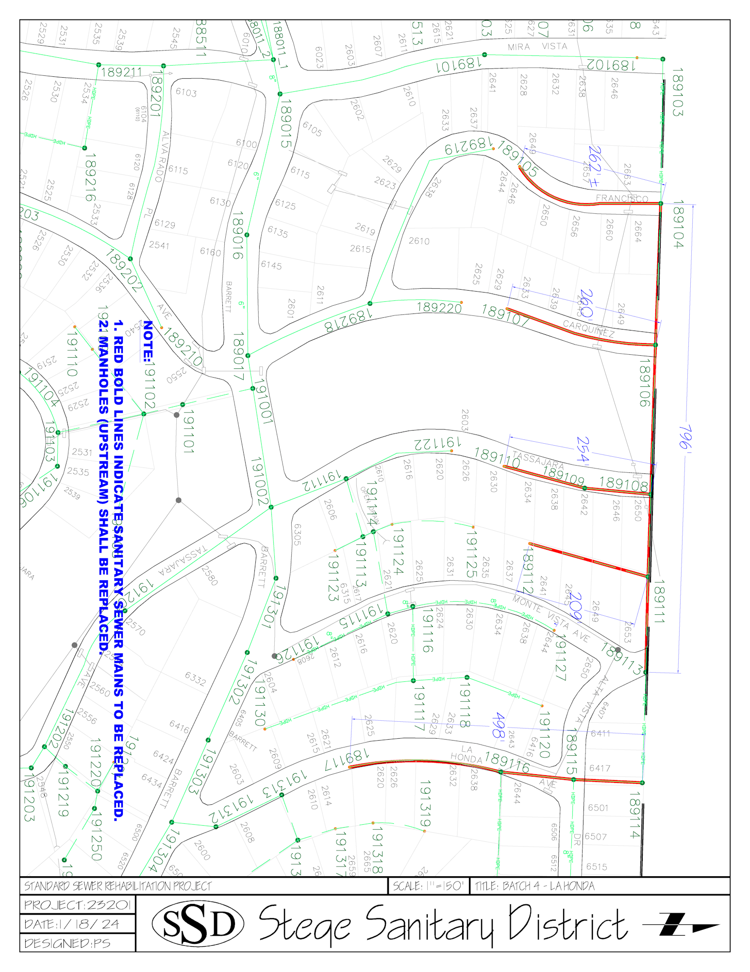 A technical map showing a sewer infrastructure layout with annotations and labels for what appears to be a sanitation project.