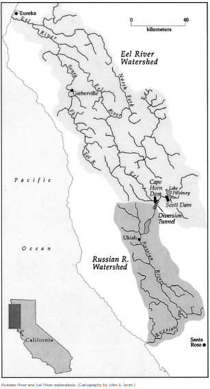 The image shows the Eel River and Russian River watersheds in California, including key landmarks and a scale.