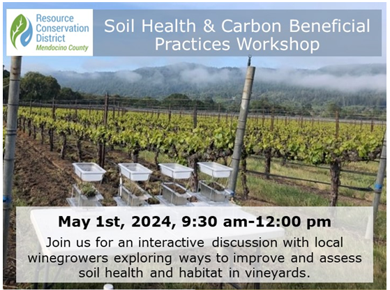Flyer for a workshop on soil health and carbon beneficial practices in vineyards, scheduled for May 1st, 2024.