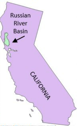 The image shows a map of California highlighting the Russian River Basin with an arrow pointing to it.