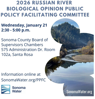 The image promotes a public meeting about the Russian River Biological Opinion on January 21, from 2:30-5 p.m. in Santa Rosa.