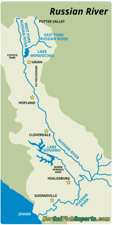 Map of the Russian River in California highlighting key locations like Lake Mendocino, Cloverdale, and Healdsburg.