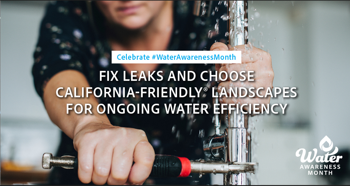 A person fixing a leaky pipe with text promoting water efficiency for Water Awareness Month.