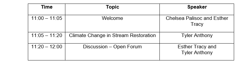 Schedule for an event: Welcome, talk on climate change in stream restoration, followed by an open discussion forum.