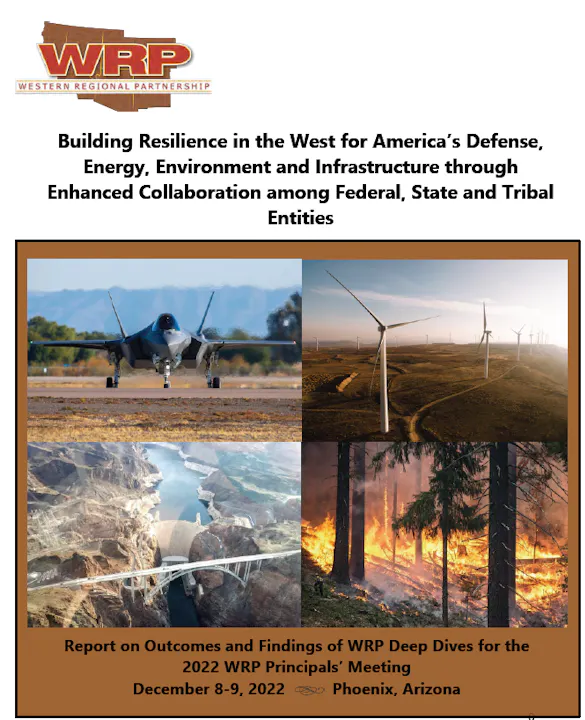 The image is a report cover for the WRP, highlighting collaboration in defense, energy, environment, and infrastructure in the West.