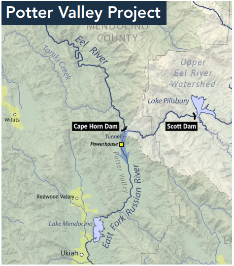 Map of the Potter Valley Project from report, The Economic Benefits of Removing the Potter Valley Project Dams, 2023