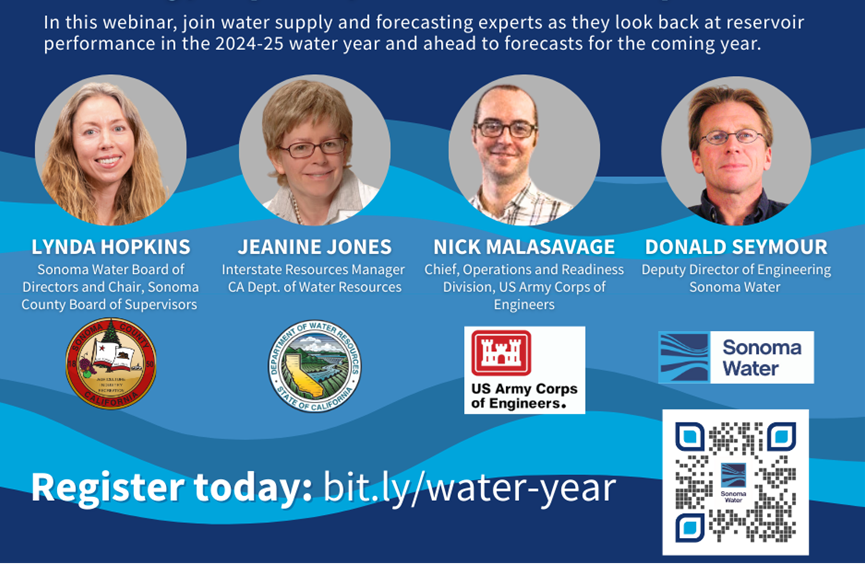 Webinar on water supply with experts discussing 2024-25 forecasts. Register at bit.ly/water-year.