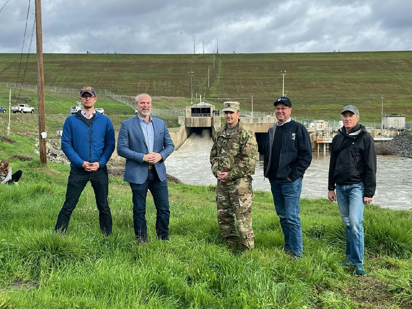 Coyote Valley Dam flood release, Jan 16, 2023 by Brad Sherwood. Kris Tjernell (Dept of Water Resources), James Gore (Sonoma County Supervisor), Lt Col Kevin Arnett (US Army Corp of Engineers), Grant Davis (Sonoma Water), and Chris Watt (RR Flood Control)