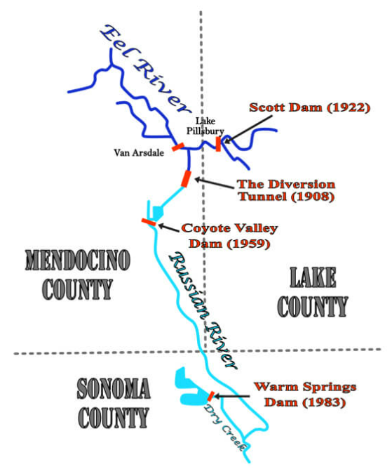 Map of water infrastructure in Northern California, showing rivers, dams, and counties: Mendocino, Lake, and Sonoma.