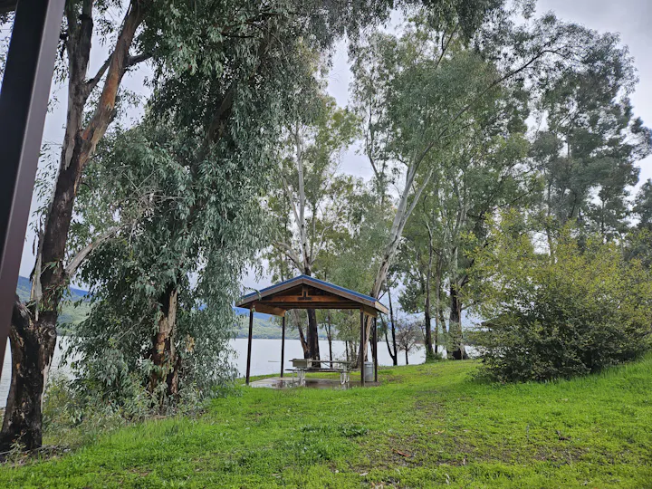 A small shelter with a picnic table, surrounded by trees and grass, near a body of water.