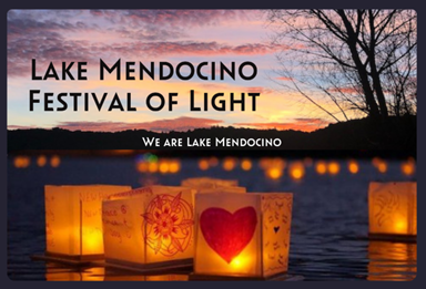 Lake Mendocino Festival of Light poster featuring illuminated lanterns on water at sunset.