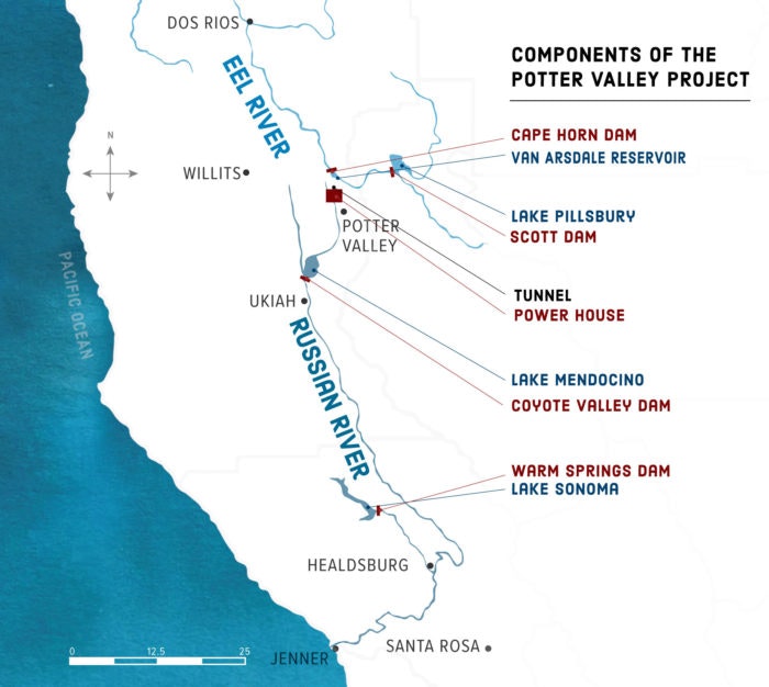 Map showing the components of the Potter Valley Project, including various dams, lakes, and rivers in California.