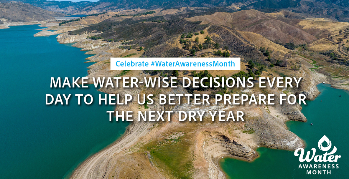 Aerial view of a reservoir with messaging for Water Awareness Month encouraging water-wise decisions.