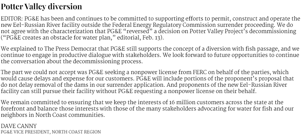 This image contains text from a PG&E Vice President discussing their commitment to the Potter Valley Project and addressing concerns regarding the decommissioning process.