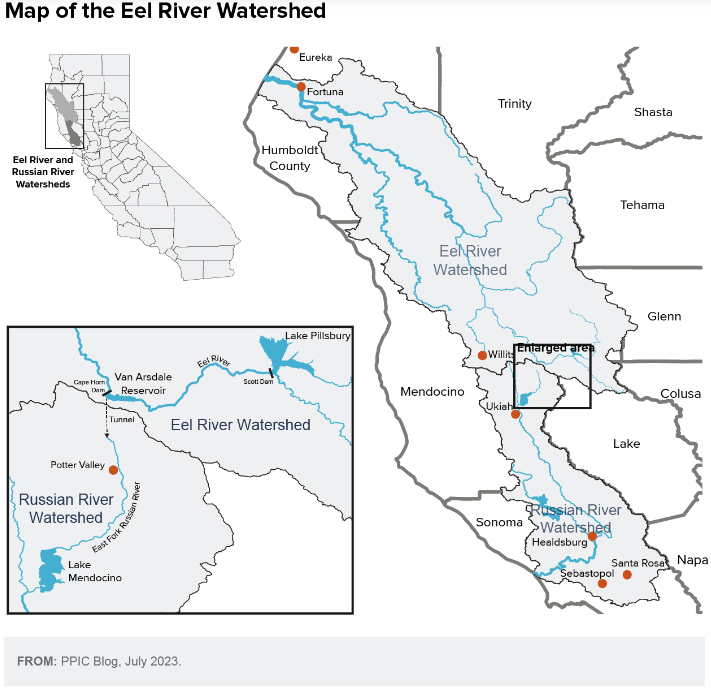 Map of Eel and Russian River Trans Basin Diversion, by PPIC 2023