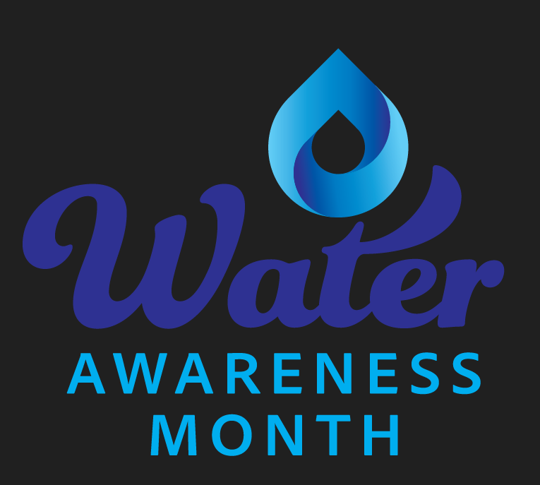 A logo for "Water Awareness Month" with a stylized blue water drop above the text.