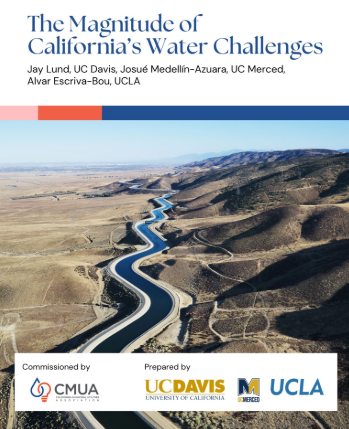 Aerial view of a winding aqueduct in a dry landscape, with text about California's water challenges.