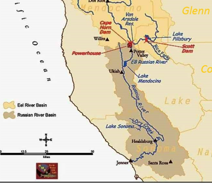 The image is a map showing the Eel and Russian River basins in Northern California, highlighting various lakes and dams.