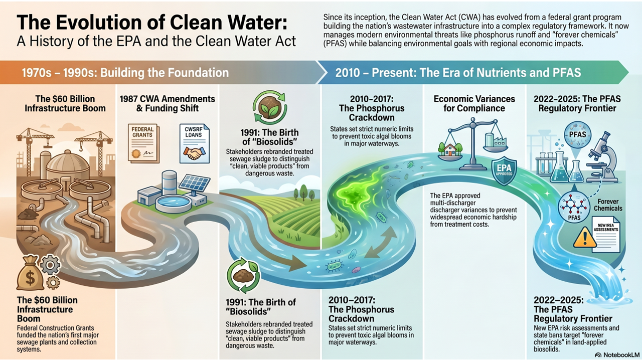 Infographic detailing the history of the EPA and Clean Water Act from the 1970s to present, highlighting key developments in water regulation.