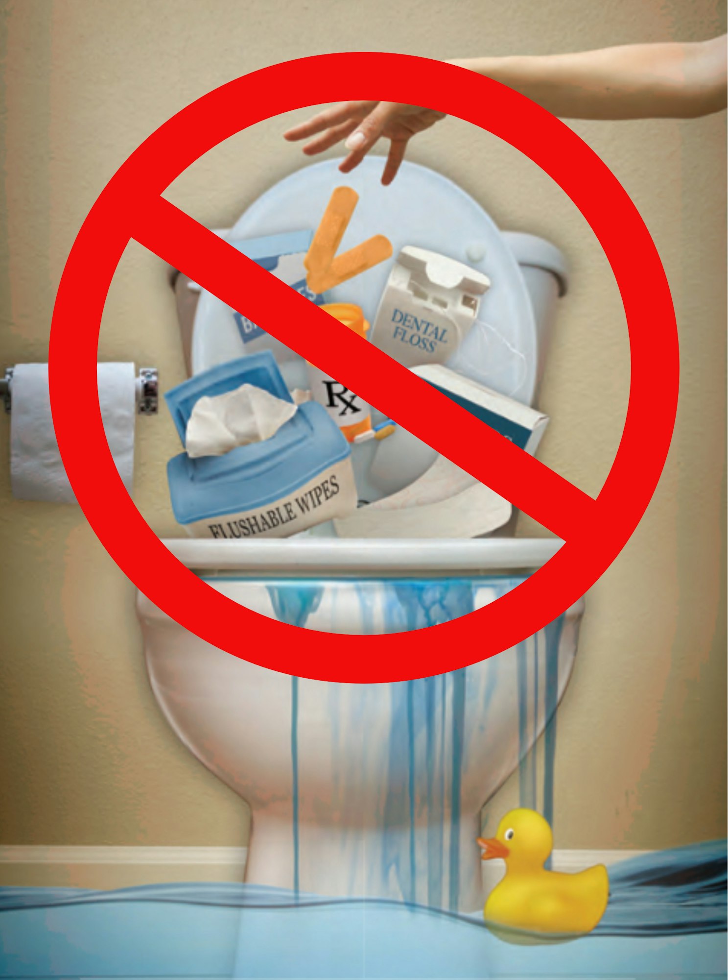 Toilet overflowing with dental floss, wipes, meds; crossed out with a red circle.