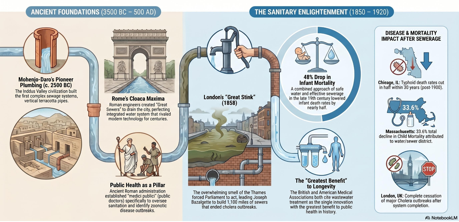 The image details the history of sanitation from ancient plumbing systems to modern water management and its impact on public health.