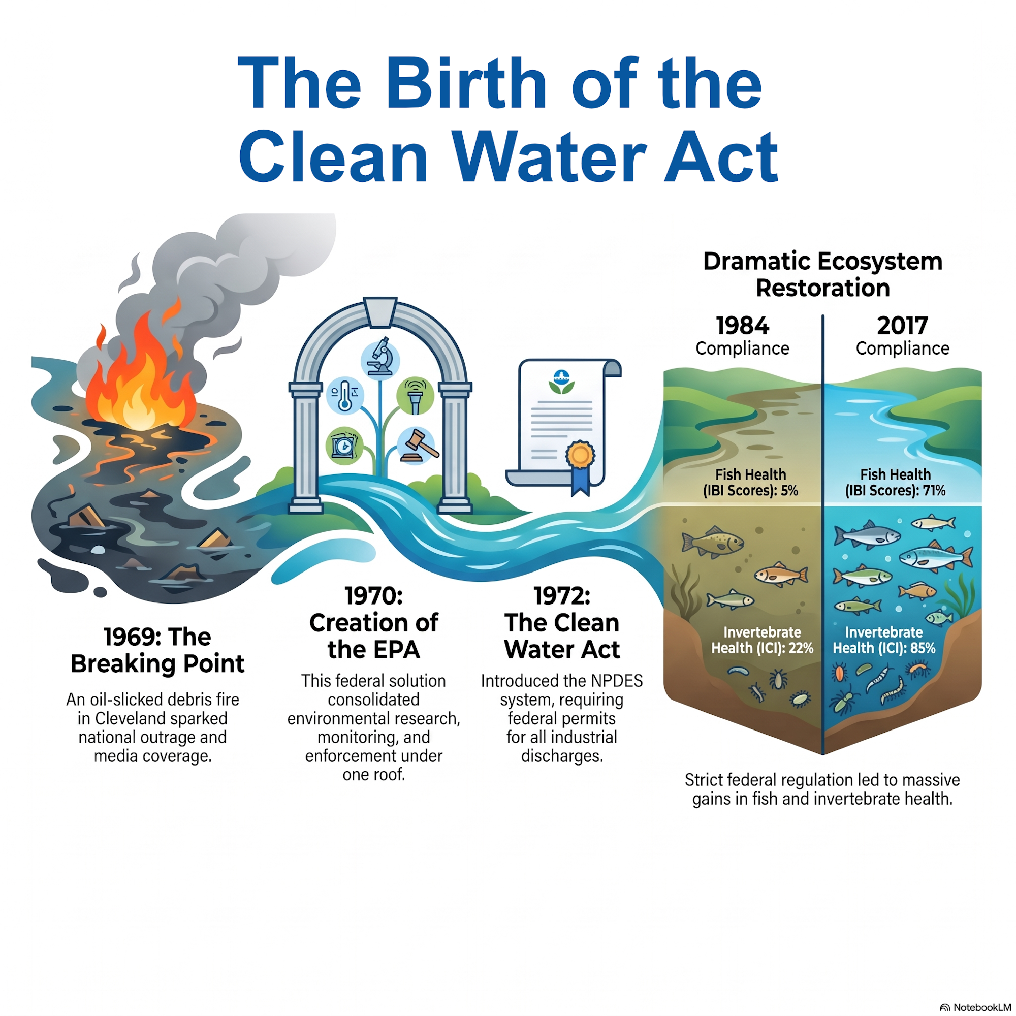 The image outlines the history of the Clean Water Act, highlighting key events from 1969 to 2017 and the improvements in water health and regulation.