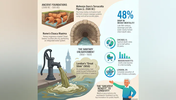 The image highlights the history and impact of sanitation systems on public health, including ancient sewer systems and their role in reducing mortality.