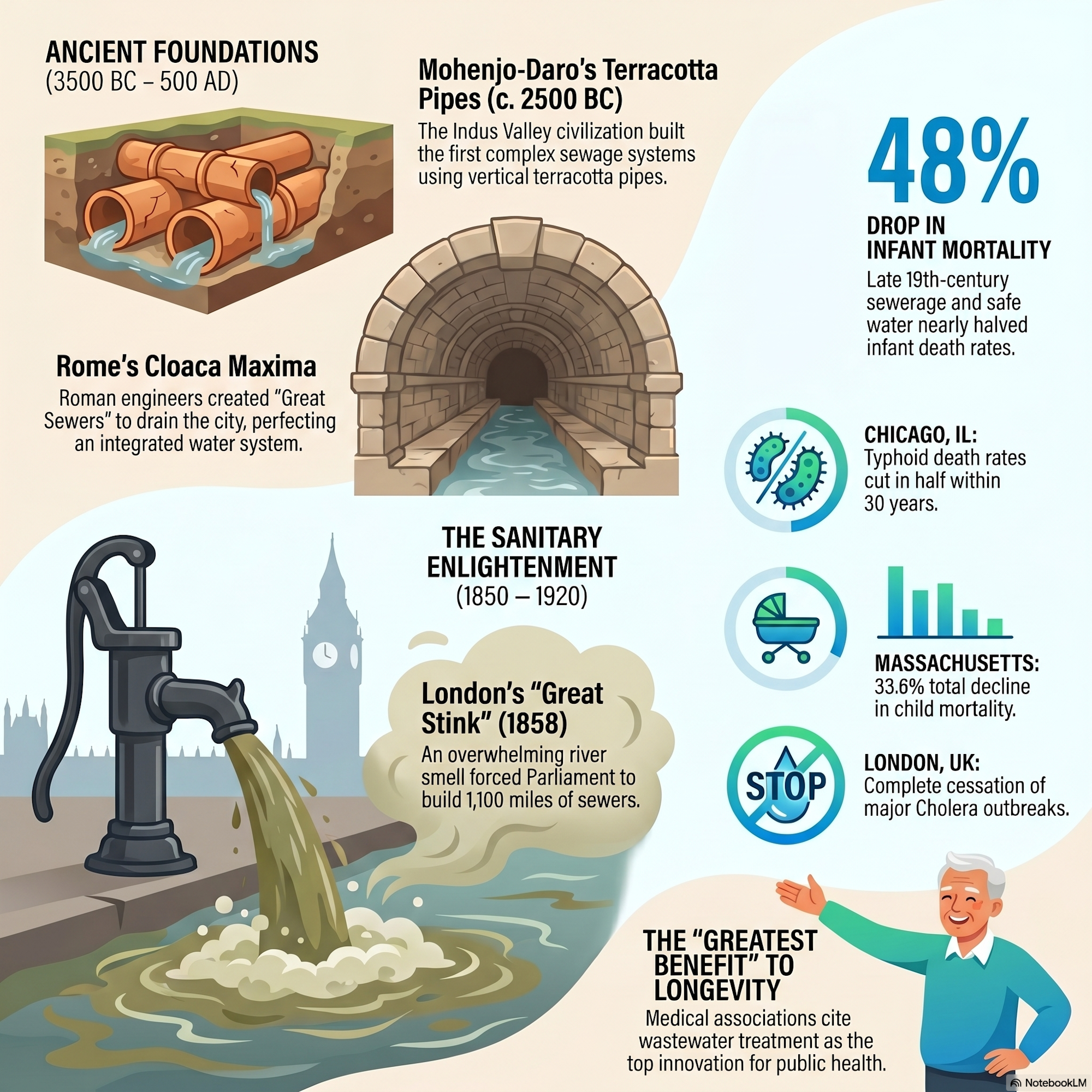 The image highlights the history and impact of sanitation systems on public health, including ancient sewer systems and their role in reducing mortality.