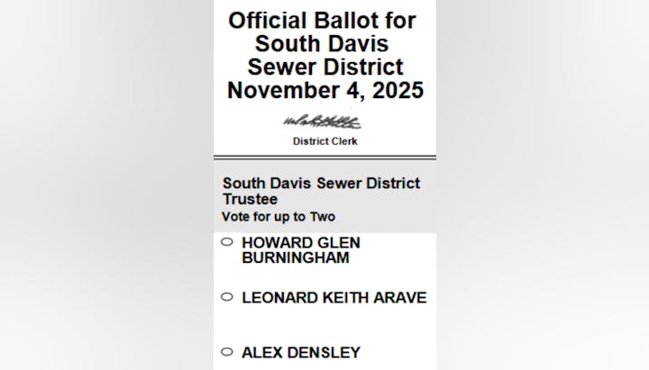 Ballot for South Davis Sewer District Trustee election on Nov 4, 2025. Vote for up to two candidates: Burningam, Arave, Densley.