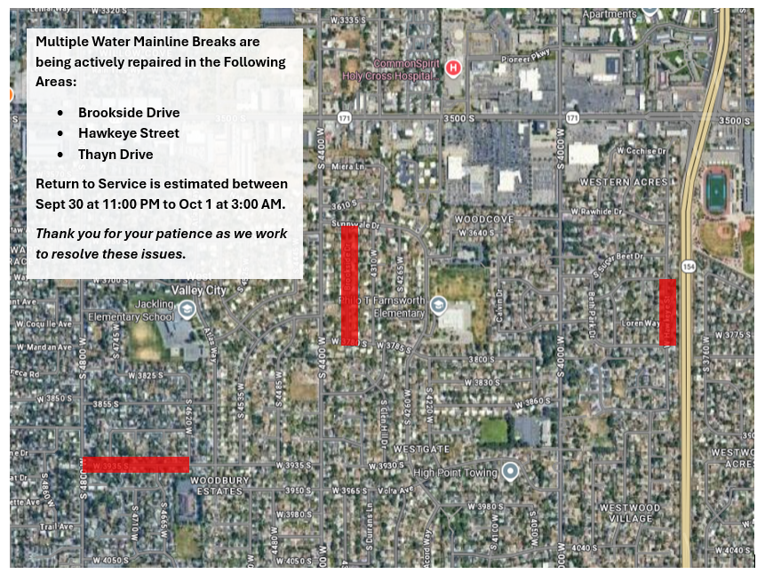 Water mainline breaks are being repaired on Brookside, Hawkeye, and Thayn. Service resumes Sept 30 at 11 PM to Oct 1 at 3 AM.