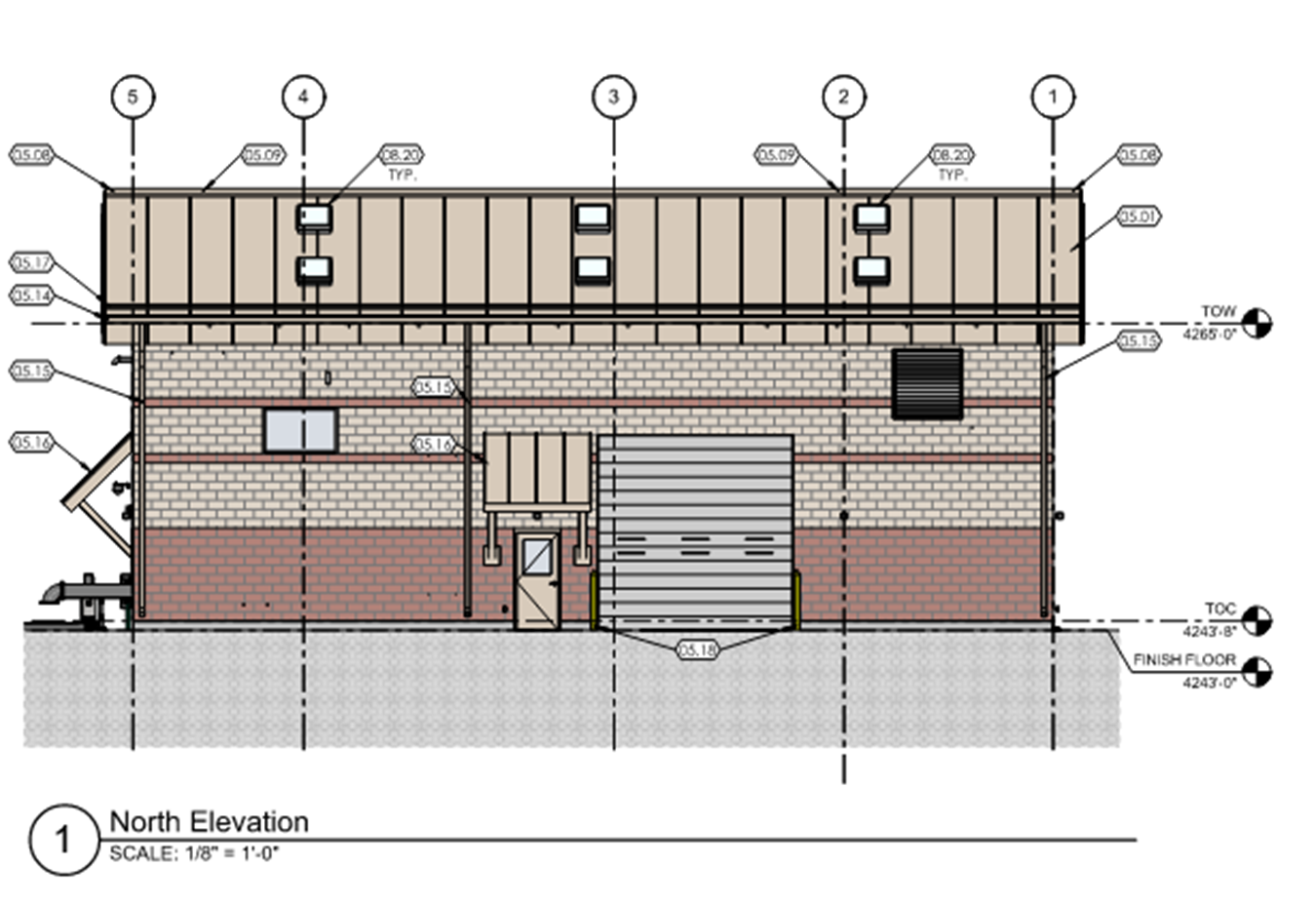An architectural elevation drawing of a building's facade with annotations and measurements.