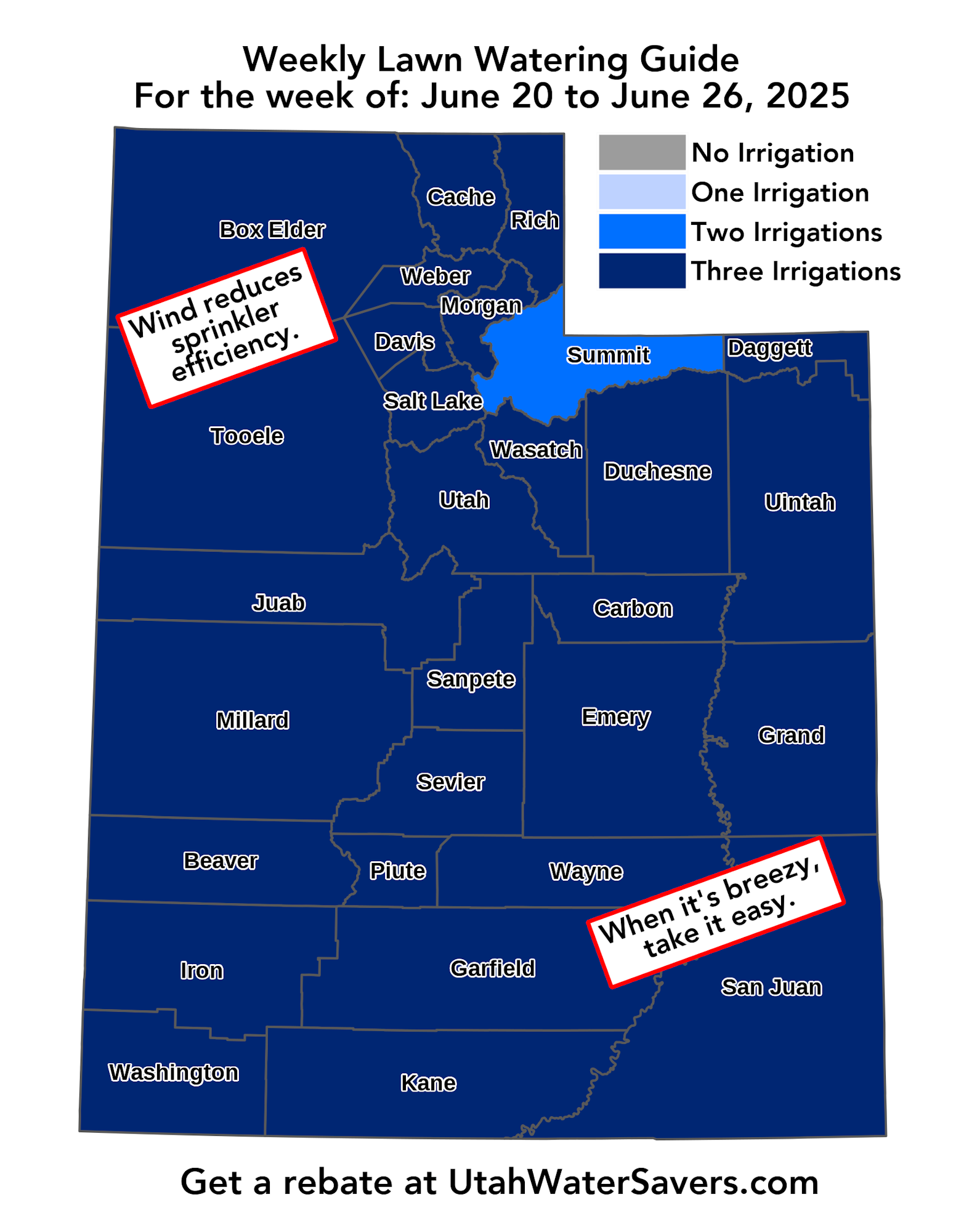 Utah lawn watering guide for June 20-26, 2025, showing irrigation levels by county with wind advisories.