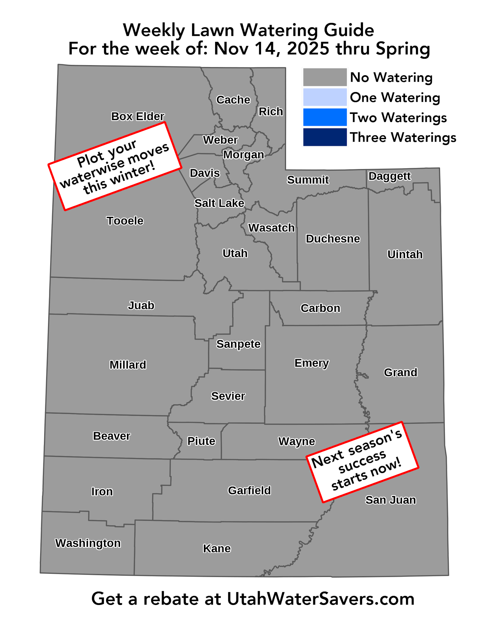 Utah lawn watering guide from Nov 14, 2025, shows no watering needed statewide.