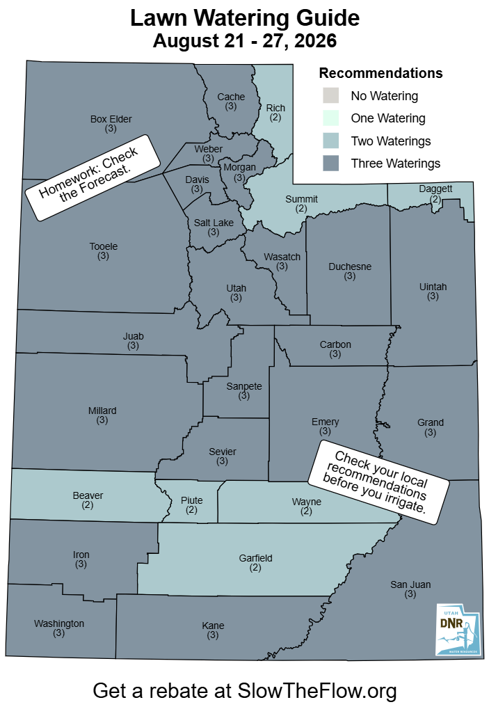 A lawn watering guide for Utah from August 21-27, 2026, showing regional recommendations for watering frequency.
