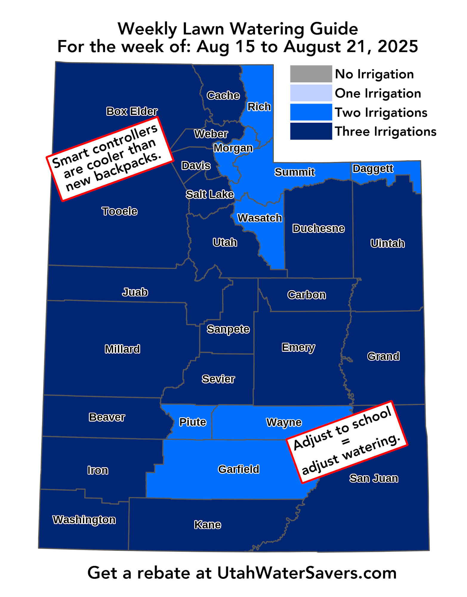 Utah lawn watering guide for Aug 15-21, 2025: No, one, two, or three irrigations recommended per county. Rebate info available.