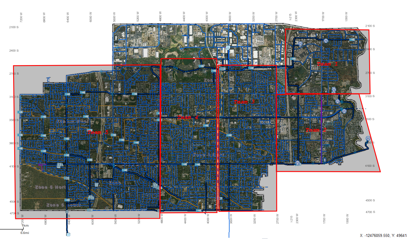 Annotated satellite map with grid lines and labels, possibly for urban planning or emergency response coordination.