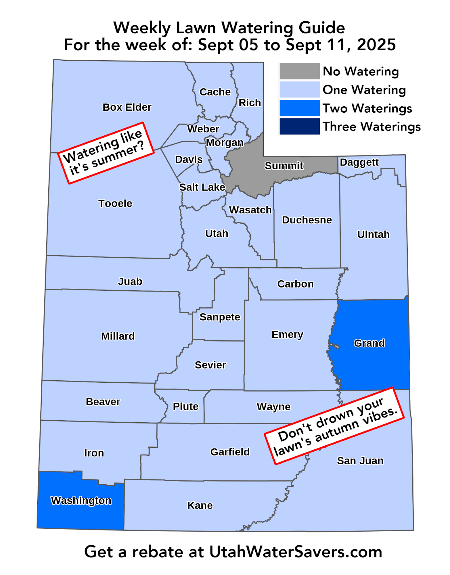 Map of Utah's lawn watering guide for Sept 5-11, 2025: varying watering levels per county and a rebate promotion.