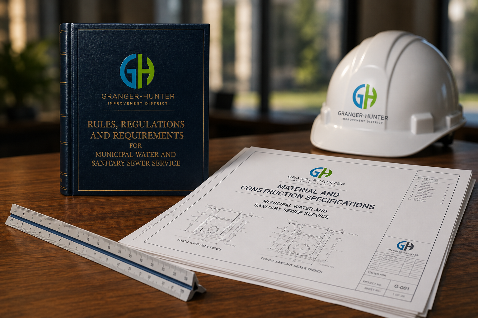 The image shows a manual on municipal water and sewer regulations, construction specs, a ruler, and a safety helmet.
